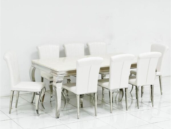 طاولة سفرة طعام ملكي سطح رخام قاعدة إستيل فضي مع ٨ كراسي جلد طاولة سفرة طعام ملكي سطح رخام قاعدة إستيل فضي مع ٨ كراسي جلد