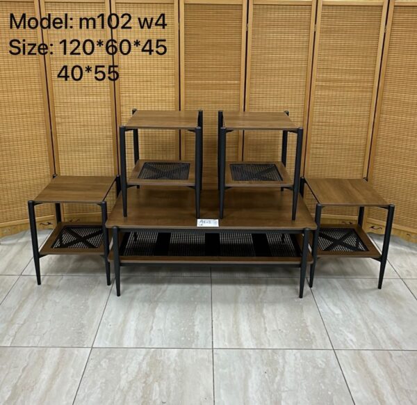 ce9f8e51-416d-4f79-ab85-e2f2f0201364 طقم طاولات سطح خشب و رتن رجول حديد اسود متوفر ٣ الوان بني غامق و فاتح و رصاصي