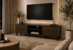 طاولة تلفزيون خشبية بتصميم مضلع منحني – أسود مع خشب طبيعي