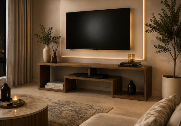 طاولة تلفزيون خشبية بتصميم هندسي متعرج – بني